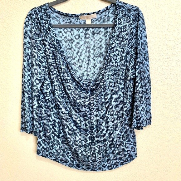 Michael Kors Blue blouse snake Print Cowl Drape Neckline 3/4 Blouse size L - Picture 1 of 6
